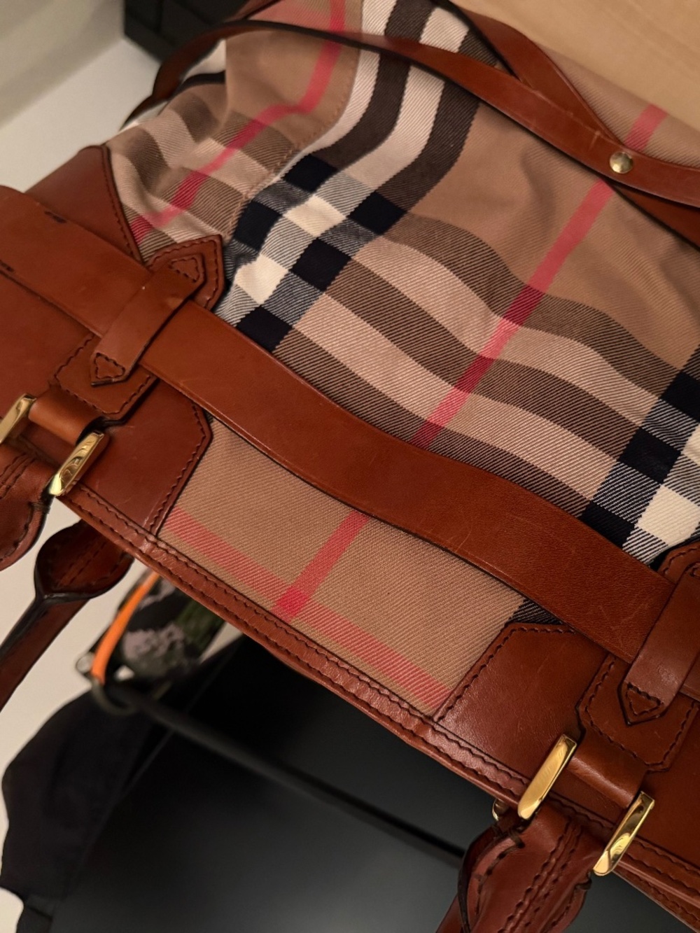 Authentic Burberry House Check Bridle Tote Bag - Brown Leather & Nova Check Canv